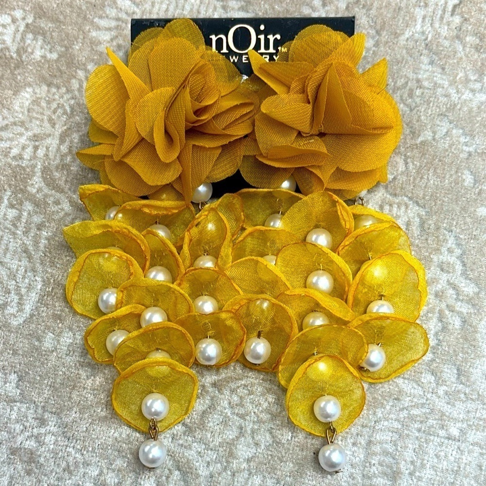 Brand New nOir Multilayer Floral Flower Petal Chiffon Faux Pearl Drop Earrings